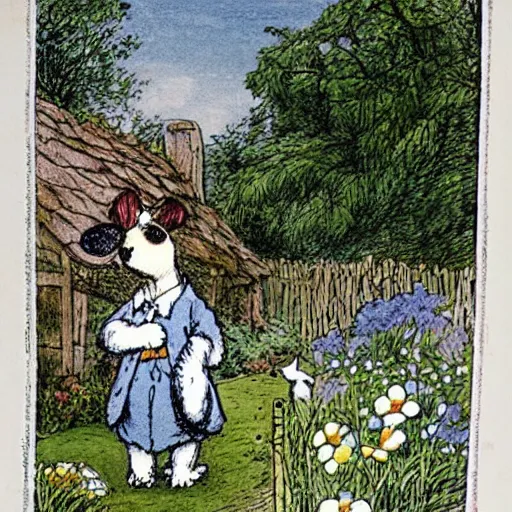 Prompt: Beatrix Potter illustration of Snoopy in a cottage garden