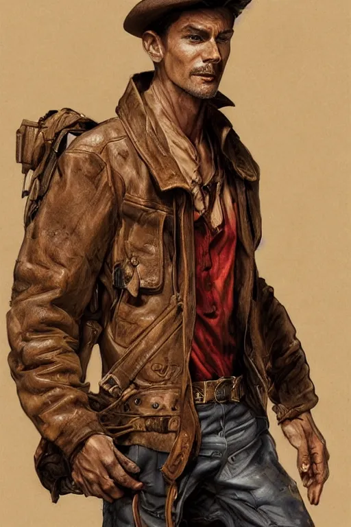 Image similar to character design, portrait of a gaunt 40's adventurer, unshaven, optimistic, stained dirty clothing, straw hat, riding boots, red t-shirt, dusty rown bomber leather jacket, concept art, photorealistic, hyperdetailed, 3d rendering! , art by Leyendecker! and frazetta,