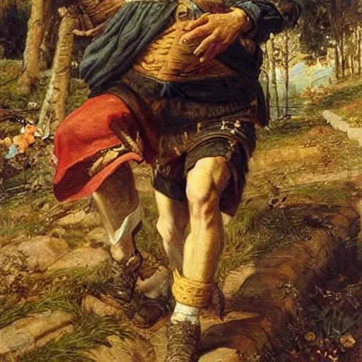 Prompt: a stumbling and falling medieval man as a oilpainting by Sophie anderson