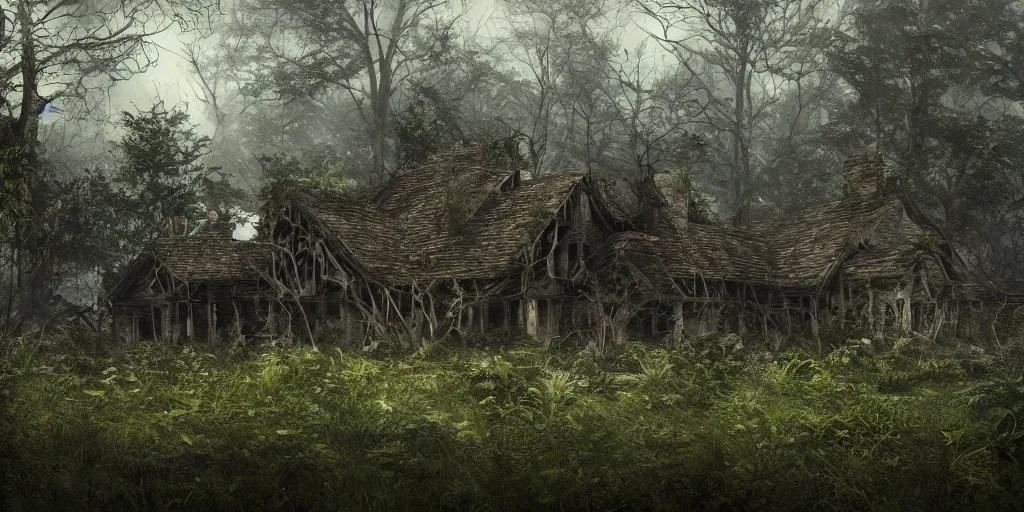 Image similar to photorealistic, ruined english bungalow, overgrown vegetation, in the forest, apocalypse, night, fog, shadowy creatures lurking in foliage, hyperrealistic, grimdark, artstation