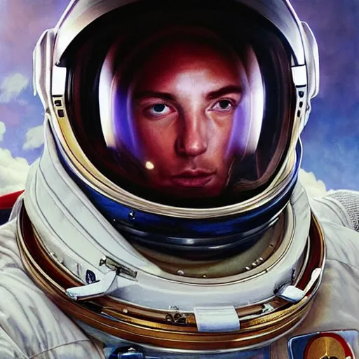 Prompt: a close up painting of an astronaut floating in space. his helmet visor is dark and reflective. you can see the reflection of the photographer in his helmet visor. by artgerm and greg rutkowski and alphonse mucha