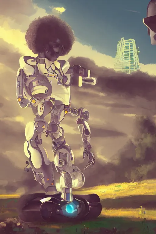 Prompt: a black boy fixing a futuristic robot in the nature, mixing solarpunk, afropunk ( ( ( ( volumetric light ) ) ) ), high angle, part by pearl fryar, part by prince damah, sunny day, trending on artstation, cinematic view, illustration, painting