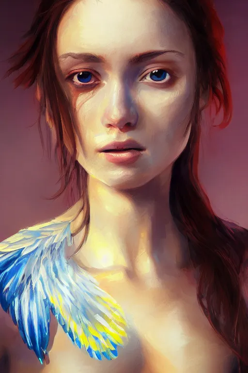 Prompt: oil painting, a girl with a pair of colored wings behind her, sunlit, paint texture, digital painting, highly detailed, artstation, sharp focus, illustration, concept art