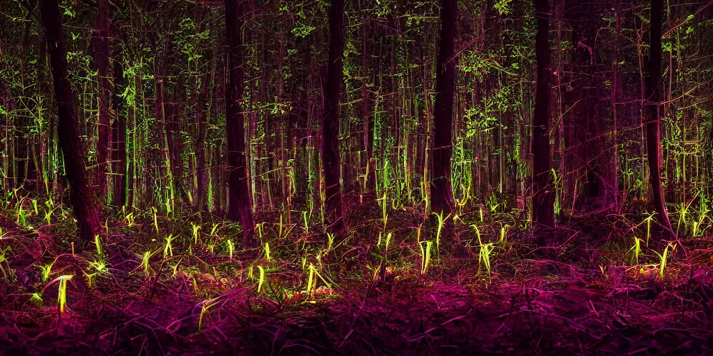 Image similar to soft bioluminescent forest at night. deep blacks. color adjusted. 4 k cinematic cg weta weta weta lut balanced perfect lighting colorgraded