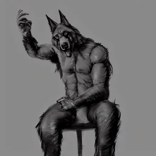 Image similar to a humanoid german shepherd beast - man, sitting on a couch and puts on jeans, artstation, concept art, smooth, sharp foccus ilustration, artstation