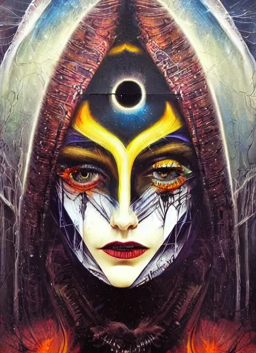 Image similar to incredible magic cult psychic woman, symmetrical painted face, third eye, energetic consciousness psychedelic, epic surrealism expressionism symbolism, story telling, iconic, dark robed, oil painting, layers on layers on layers, dark myth mythos, by Sandra Chevrier , Bruce Pennington, masterpiece