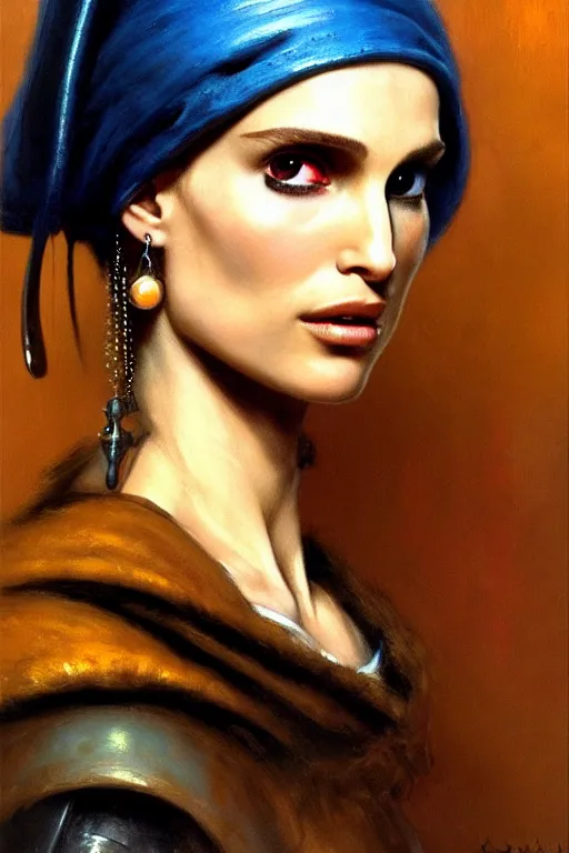 Image similar to character portrait cyberpunk warhammer 4 0 k, natalie portman as the girl with the pearl earring character design, painting by gaston bussiere, katsuya terada, frank frazetta, tom of finland, trending on artstation