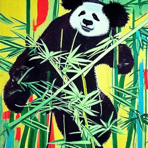 Image similar to “ panda bears playing in a bamboo forest painted by basquiat, highly detailed, theatrical lighting, vivid colors, cinematic ”