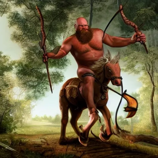 Image similar to bald man with a large red beard that's a centaur running through the forest holding a bow and arrow