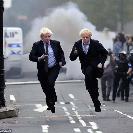 Prompt: helicopters and explosions in the background, police chasing Boris Johnson running from the police