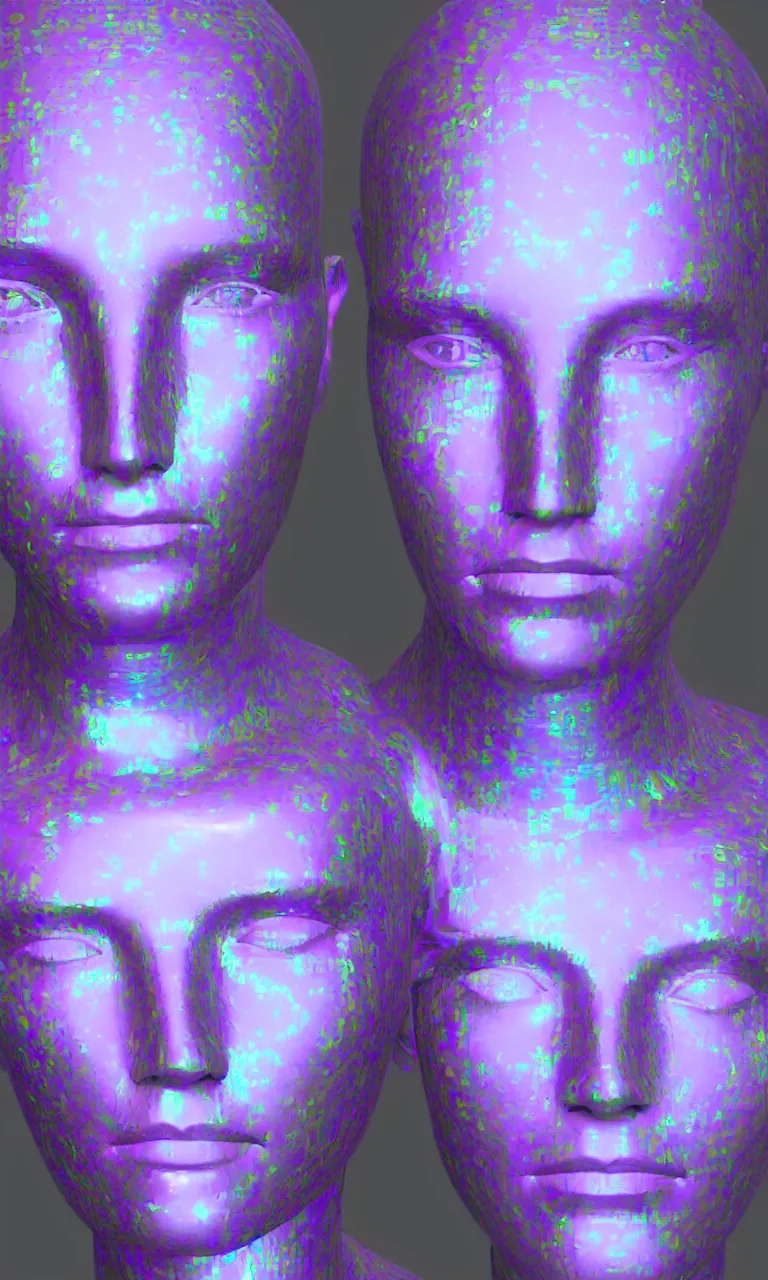 Image similar to 3d render of holographic human robotic made of glossy iridescent, surrealistic 3d illustration of a human face non-binary, non binary model, 3d model human, cryengine, made of holographic texture, holographic material, holographic rainbow, concept of cyborg and artificial intelligence