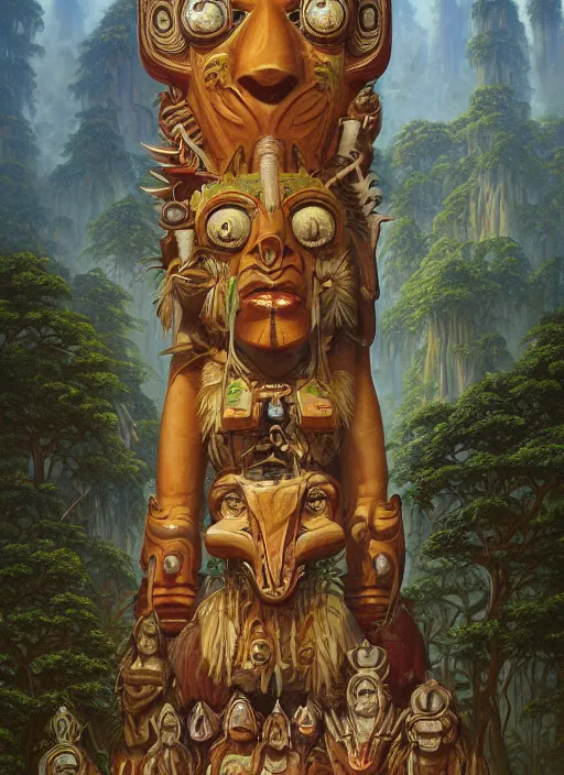 Prompt: a totem in the jungle, with faces of ancestors in the sky wearing tribal masks, hyper detailed, art by christophe vacher