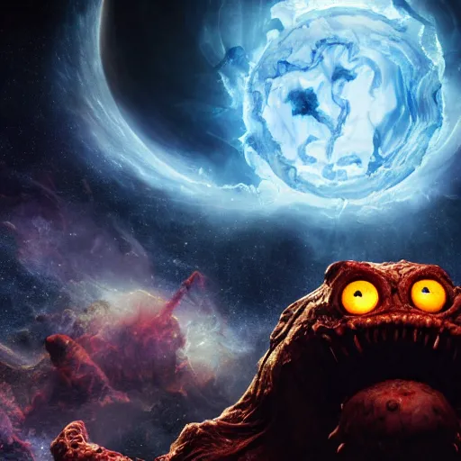 Image similar to eldritch horror bloody garfield in space, hd, 8 k, giant, epic, realistic photo, unreal engine, stars, prophecy, powerful, cinematic lighting, destroyed planet, debris, violent, sinister, ray tracing, dynamic, epic composition, dark, horrific, teeth, grotesque, monochrome drawing, hellscape