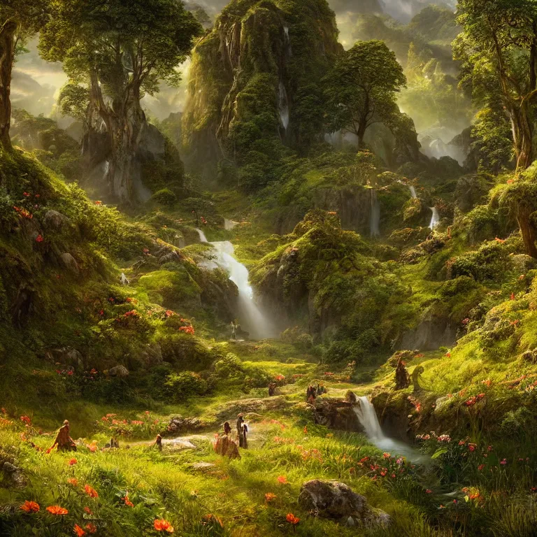 Image similar to a lord of the rings scenery landscape, vast lush valley flowers, stream, sunrise, god's rays highly detailed, vivid colour, soft clouds, floral sunset, cinematic lighting, perfect composition, 8 k, gustave dore, derek zabrocki, greg rutkowski, belsinski, octane render