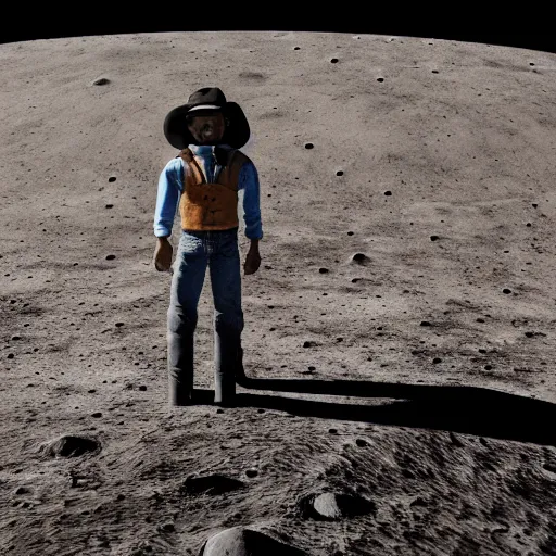 Image similar to cowboy standing on the moon, planet earth background, photorealistic, octane render, blender render, unreal engine, 3 5 mm