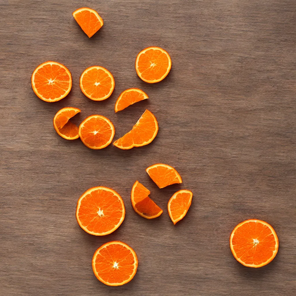 Image similar to top-down view with orange slice on top of a wooden table, 4k, photorealistic