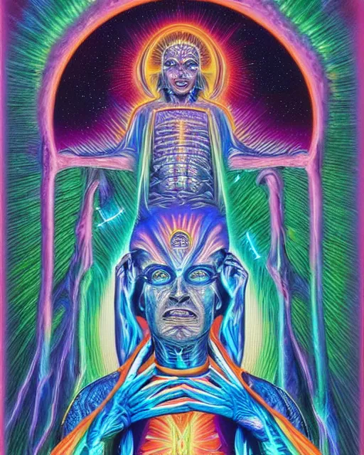 Image similar to blue glowing alien high priest god at the altar by alex grey