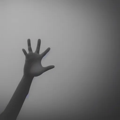 Image similar to a hand reaching out from a thick, dense fog, smokey, foggy, ambient lighting,