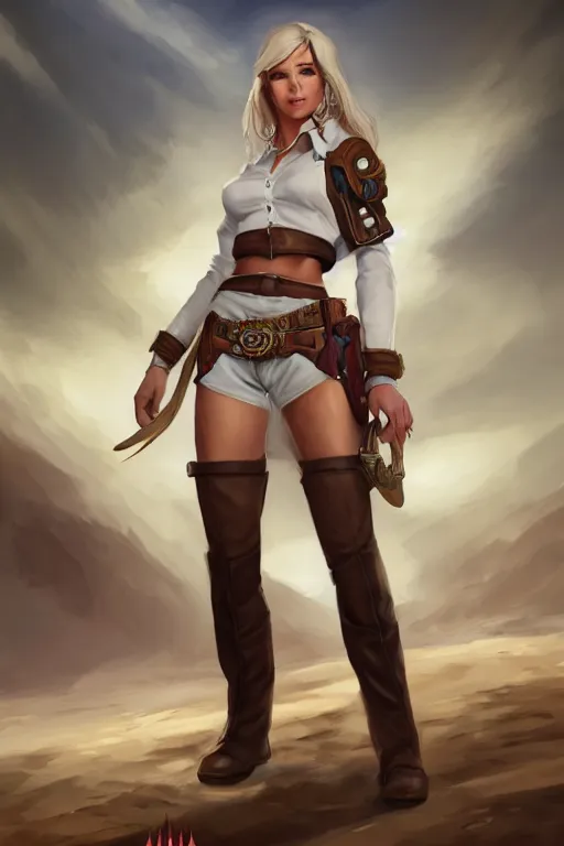 Image similar to full body, female cowgirl, perfect face, white blouse, holster, 8 k, magic the gathering, desert, d & d, artstation, high detail, smooth, muscular