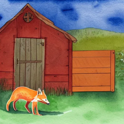 Prompt: a smug red fox in front of a hen house, watercolor illustration,