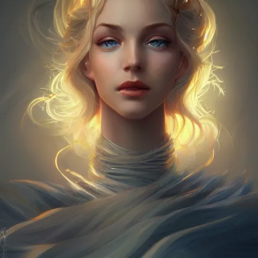 Prompt: an insanely detailed portrait of a beautiful woman facing you, highly detailed features, sparkling blue eyes, long eyelashes, long golden blonde hair, beautiful smile, in the style of peter mohrbacher, artgerm, dramatic lighting and composition, octane render, trending on artstation, concept art 8 k