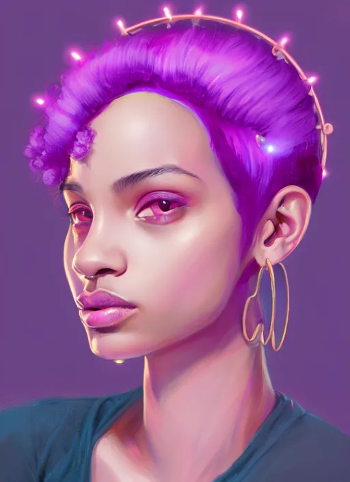 Image similar to portrait of teenage vanessa morgan with bright pink hair, black girl, curly pixie cut hair, wearing a purple breton cap, breton cap, hoop earrings, intricate, elegant, glowing lights, highly detailed, digital painting, artstation, concept art, smooth, sharp focus, illustration, art by wlop, mars ravelo and greg rutkowski