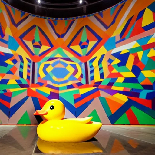 Image similar to wide shot, one! photorealistic rubber duck in foreground on a pedestal in cavernous museum, the walls are covered floor to ceiling with colorful tesselated geometric wall paintings in the style of sol lewitt, tall arched stone doorways, through the doorways are more mural paintings in the style of sol lewitt.