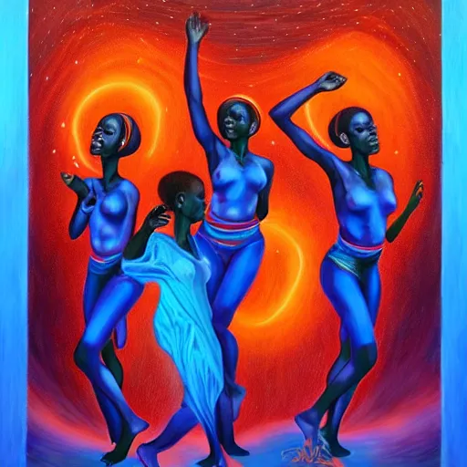 Image similar to african women dancing around a blue glowing portal to another dimension by amanda sage, oil on canvas, trending on artstation