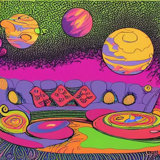 Image similar to psychedelic trippy couch in the lush forest, planets, flowers, mushrooms milky way, sofa, cartoon by carl barks