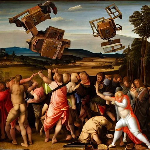 Prompt: A Renaissance painting of a giant robot throwing furniture into its mouth, 4K, highly detailed, dark