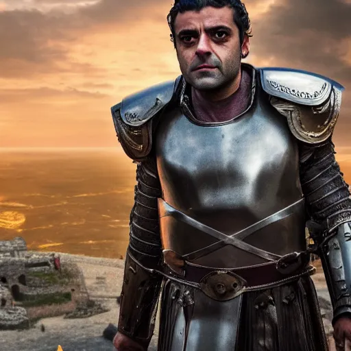 Prompt: oscar isaac in armor playing achilles, ancient city in background, ultra detailed, realistic, photography, movie poster