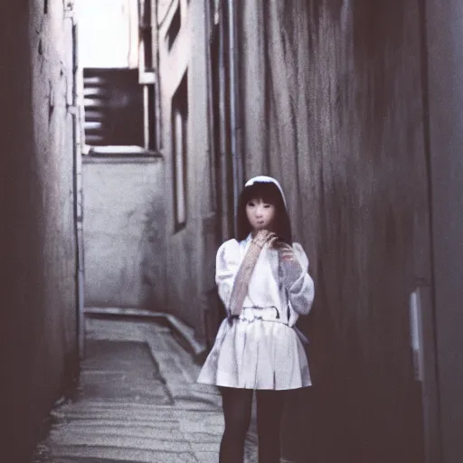 Image similar to 1990s perfect 8K HD professional cinematic photo of a japanese schoolgirl, in sci-fi alleyway at evening, at instagram, Behance, Adobe Lightroom, with instagram filters, depth of field, taken with polaroid kodak portra