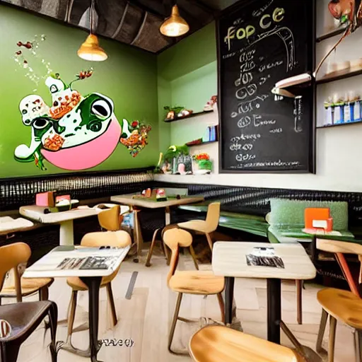 Image similar to cute frog themed cafe, japanese cafe photography,