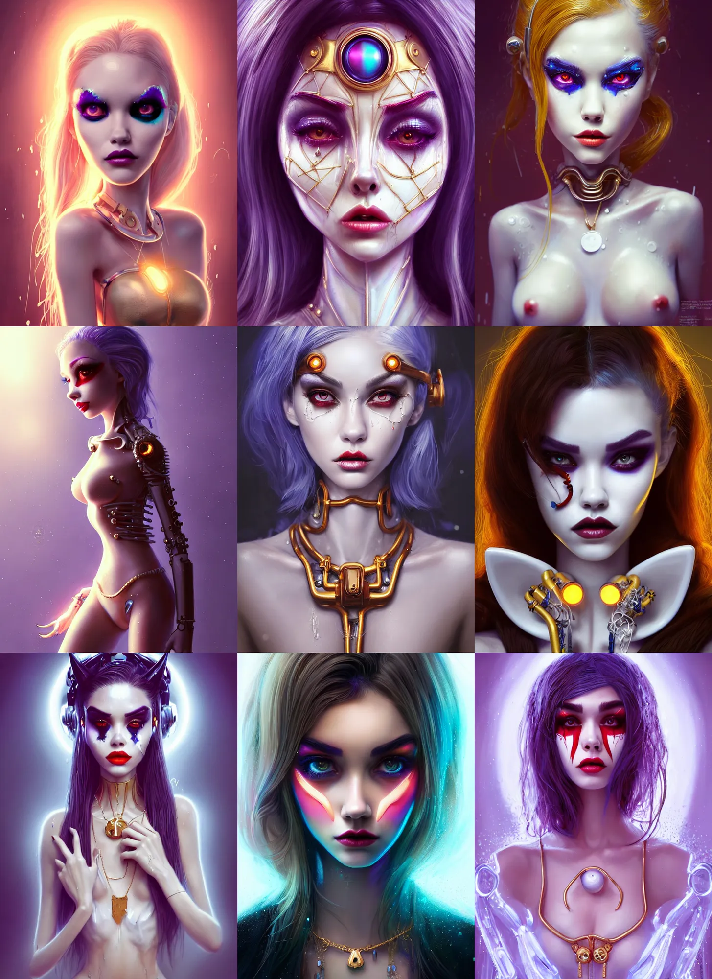 Prompt: pixar portrait, beautiful porcelain white edc clowncore devil madison beer cyborg woman, golden ratio jewelry, wet, sci - fi, fantasy, cyberpunk, intricate, elegant, highly detailed, digital painting, ever after high, octane render, artstation, concept art, smooth, sharp focus, illustration, art by artgerm, loish, wlop