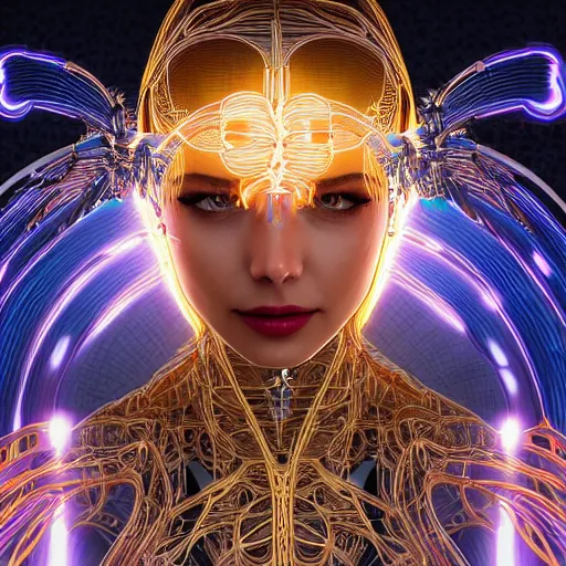 Prompt: very beautiful woman integrating with technology, full face frontal centered, portrait, insipiring, detailed intricate ornate neon pulsating cables connected to head, porcelain luxurious detailed abundent wiring and implants, gold optical fiber, renaissance, sci - fi, detailed technology background with cyber flowers and insects, dramatic lighting, photography, highly detailed, artstation, 8 k,