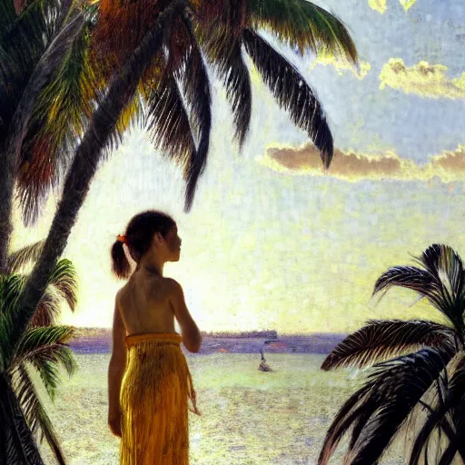 Image similar to a ultradetailed beautiful painting of a girl in the amazonas palace balustrade designed by jules bastien - lepage, hans belmer, frank weston and gustave baumann, beach, trending on artstation, mediterranean, palm trees, refracted color sparkles, sharp focus, soft light, 8 k 4 k