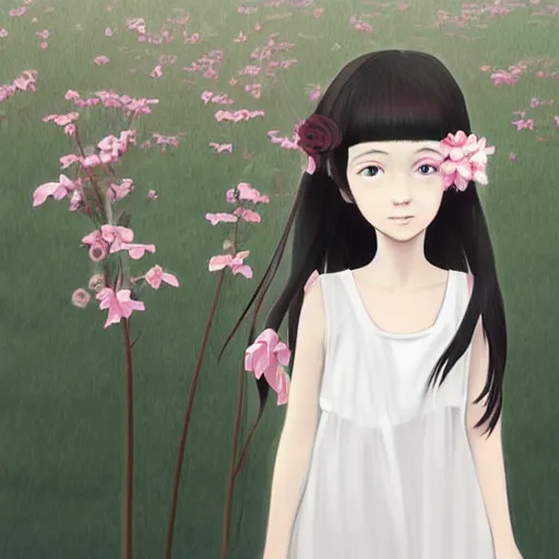 Image similar to little girl with her long black hair flower, dressed in a simple white dress, anime art style, digital artwork made by ilya kuvshinov, inspired in balthus