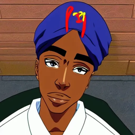 Image similar to Tupac Shakur, screenshot from a 2012s anime