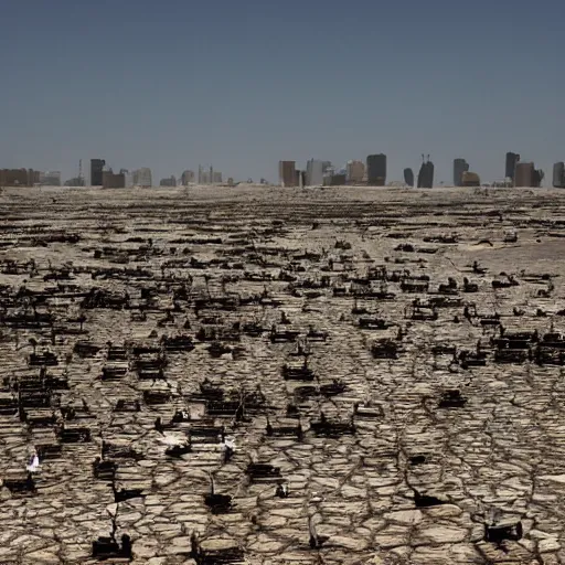 Prompt: apocalyptic beachside city, dried up oceans, desert everywhere, buildings covered in black tar