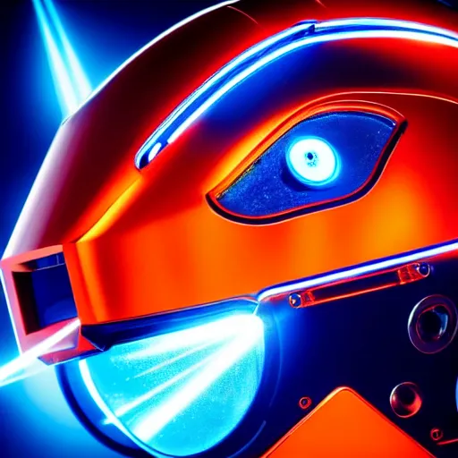 Prompt: a orange and blue shiny metallic robot in style of a bertone bolide with cyan glowing laser beams out of the eyes, insanely integrate details, cables out of the ears, sharp, frontshot, 8 k,