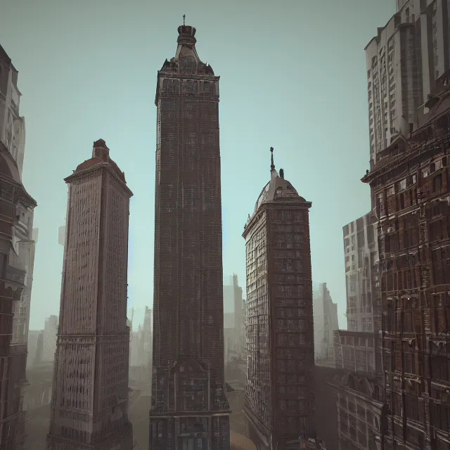 Prompt: colonial skyscrapers clock towers made of brick and old details, many trees on street, light cinematic, volumetric, realistic, cinematic lighting, ray tracing, unreal engine 5, octane render, hyper realistic, photo, 8 k