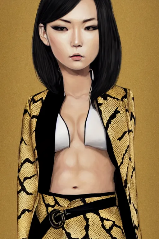 Image similar to yakuza slim girl, gold suit jacket in snake print, jacket over bare torso, yakuza tattoo on body, black short curtain haircut, black leather pants with black belt, portrait, elegant, 2d, ultra highly detailed, digital painting, smooth, sharp focus, artstation, art by Ilya Kuvshinov, rossdraws