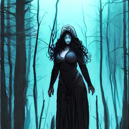 Prompt: a beautiful comic book illustration of the goddess of death wearing a black hoodie, standing in a swamp with fog by Jerome Opeña, featured on artstation