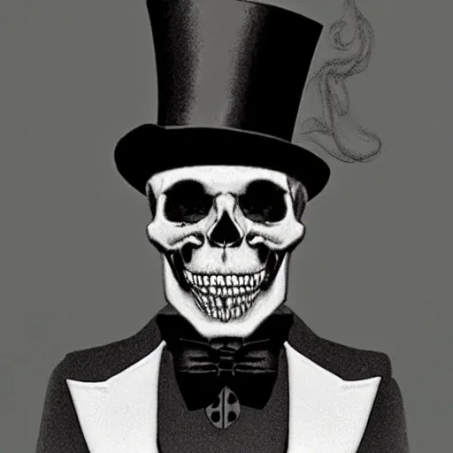 Image similar to Skull, top hat, smoke, smoke coming out of skull, hyperrealistic,