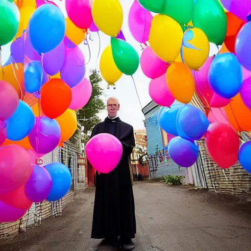 Image similar to a priest holding dozens of colorful balloons