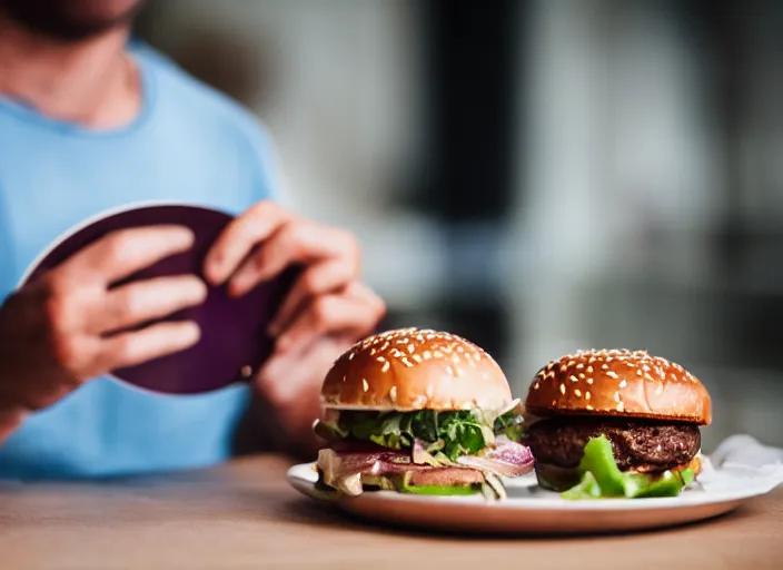 Image similar to dslr food photograph of a hamburger, thanos holding the plate 8 5 mm f 1. 8