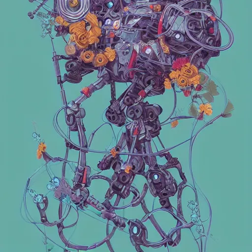 Image similar to mecha robot wrapped in flowers & vines, art by james jean & hsiao - ron cheng, colourful, sharp, detailed, digital painting, illustration, intricate detail, pinterest, behance, art station,