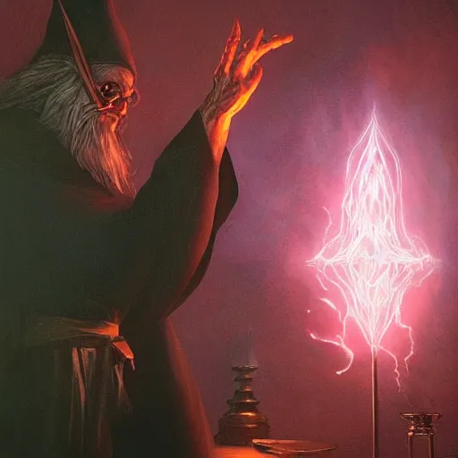 Image similar to a beautiful panting of a dark wizard casting a spell, alchemist lab, hyperrealistic, cinematic atmosphere, epic, artstation, moebius