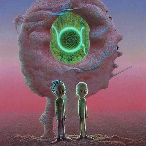 Prompt: rick and morty made by zdzislaw beksinski