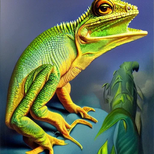 Image similar to monstrous chameleon by boris vallejo, sharp, intricate, highly detailed